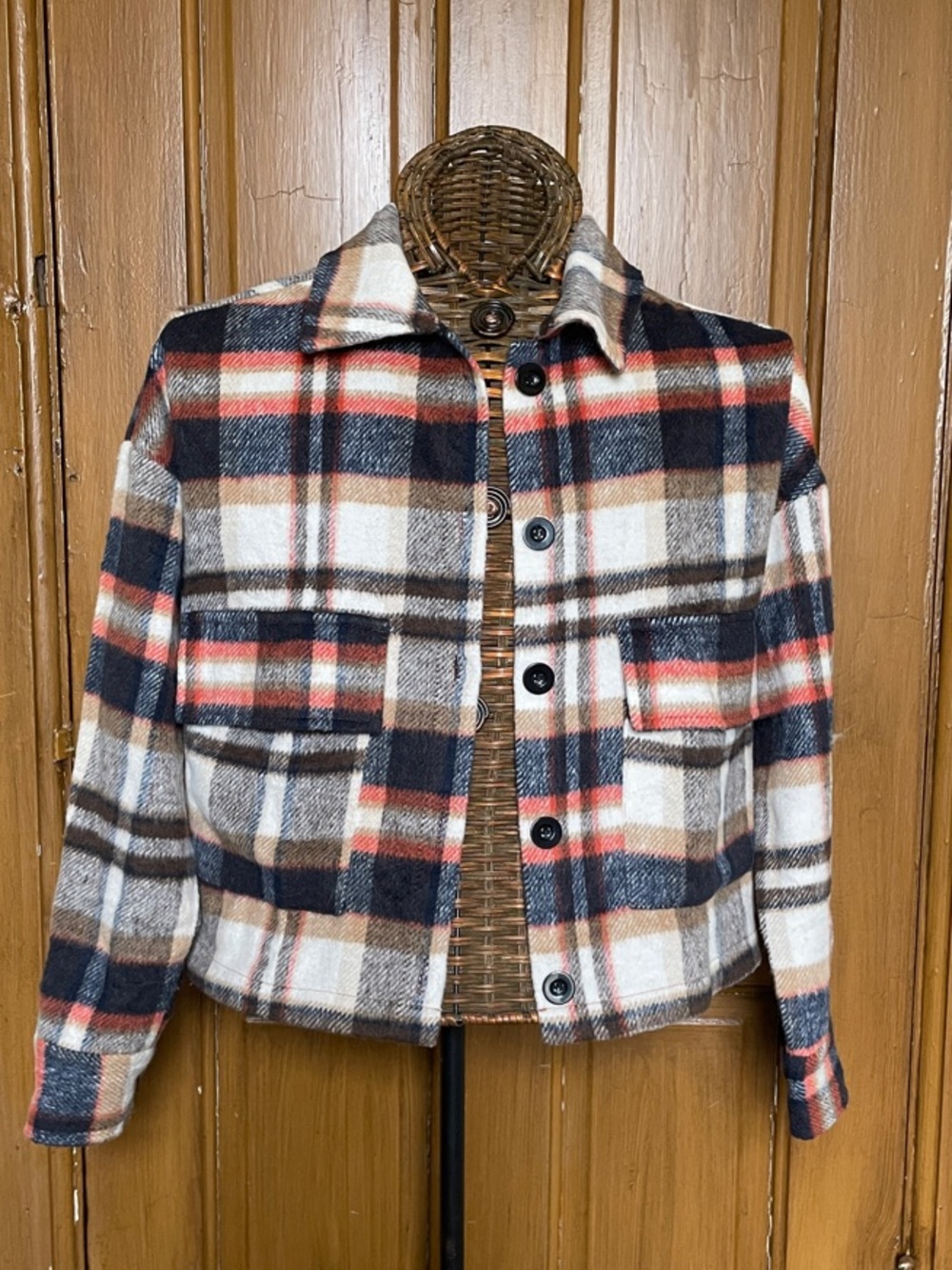Plaid Button-Up Crop Jacket in Navy, Cream & Rust